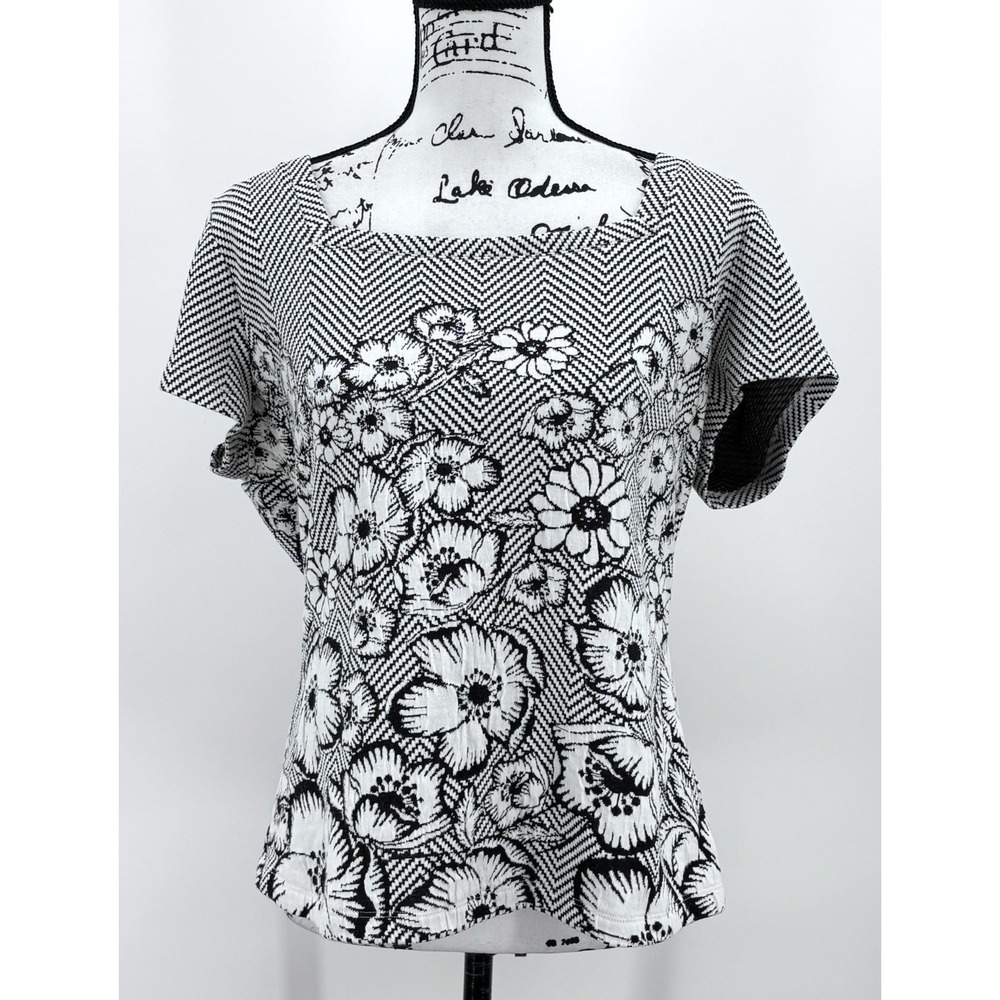 Maeve Anthropologie Hellebore Top XL Black White Floral Chevron Square Neck Knit - Picture 2 of 9